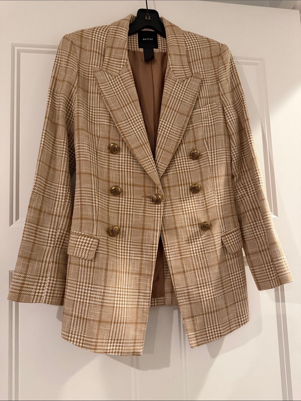 Smythe Beige Plaid Double-Breasted Blazer with Gold Buttons